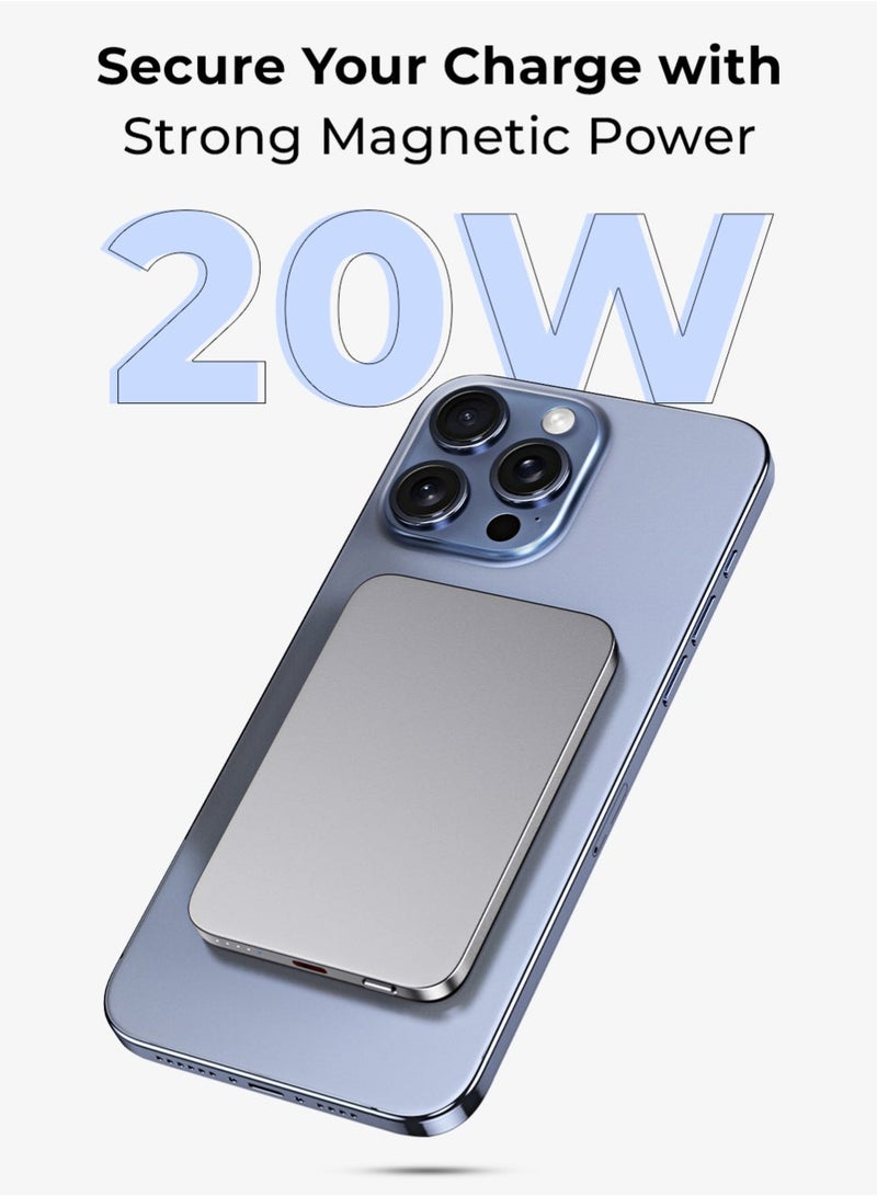 glassology Mini Powerbank 5000mAh PD 22.5W + 15W Wireless, Type-C Input Output, Multi-Device Charging, Silver Compatible with All Apple Devices - Image 5