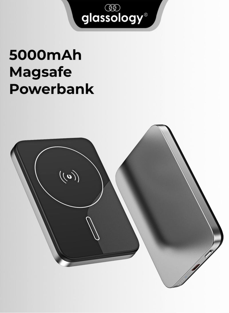glassology Mini Powerbank 5000mAh PD 22.5W + 15W Wireless, Type-C Input Output, Multi-Device Charging, Silver Compatible with All Apple Devices - Image 1