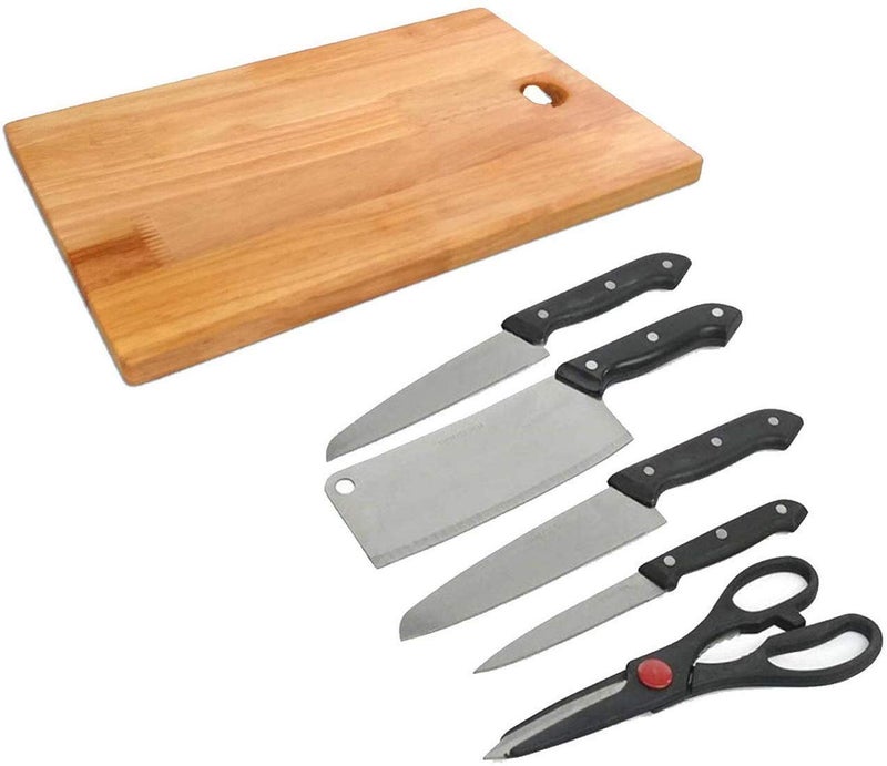 Ngel Stainless Steel Kitchen 5Pcs Knife Set with Wooden Chopping Board Scissor Vegetable Meat Cutting - Image 1
