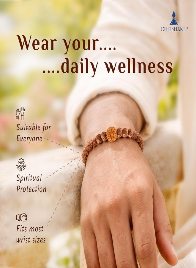 Chitshakti Panchmukhi Rudraksha Stretch Bracelet | 7 mm Natural Rudraksha Beads with 12 mm Guru Bead | Unisex Spiritual Bracelet - Image 3