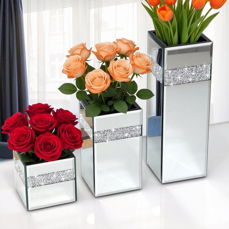 ALLARTONLY Crushed Diamond Mirrored Vase Pack of 3 Pieces Small Middle Large. Crystal Silver Mirror Glass Stunning Decorative Flower Vase Luxury for Home Decor. Can’t Hold Water. - Image 1