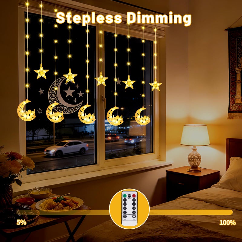 FIALAME Ramadan Lights Decorations,130 LED Ramadan Decorations for Home 2026,Moon and Star Curtain String Lights with Remote Timer,8 Lighting Modes,Eid Decorations for Indoor Window Bedroom Party Holiday - Image 4