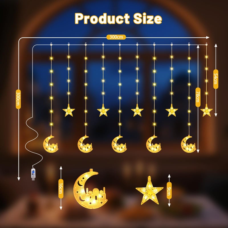 FIALAME Ramadan Lights Decorations,130 LED Ramadan Decorations for Home 2026,Moon and Star Curtain String Lights with Remote Timer,8 Lighting Modes,Eid Decorations for Indoor Window Bedroom Party Holiday - Image 2