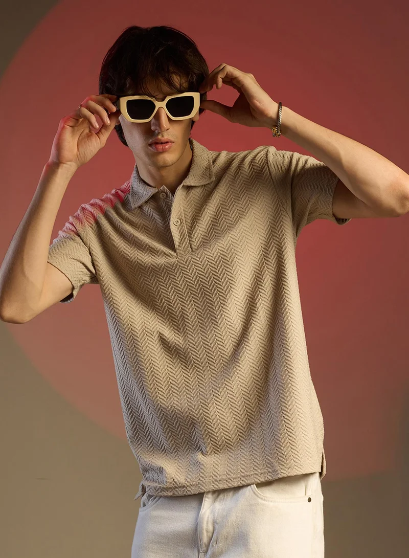 كامبوس سوترا Men's Saltbox Beige Chevron Polo T-Shirt For Casual Wear | Polo Neck | Short Sleeve | Half-Button Closure | T-Shirt Crafted With Comfort Fit For Everyday Wear