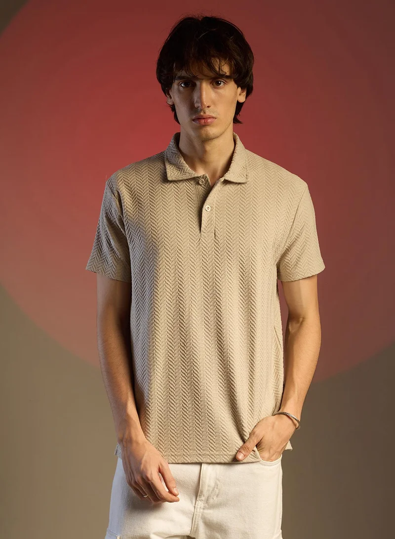 كامبوس سوترا Men's Saltbox Beige Chevron Polo T-Shirt For Casual Wear | Polo Neck | Short Sleeve | Half-Button Closure | T-Shirt Crafted With Comfort Fit For Everyday Wear