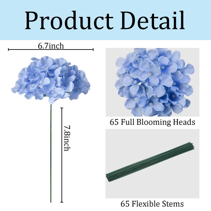Cherica 65Pcs Blue Hydrangea Artificial Flowers Bulkï¼ŒRealistic Silk Fake Flowers with Stemsï¼ŒFaux Hydrangea Flowers for Wedding Home Decor Centerpieces Living Room Garden Party Baby Shower Decoration - Image 3