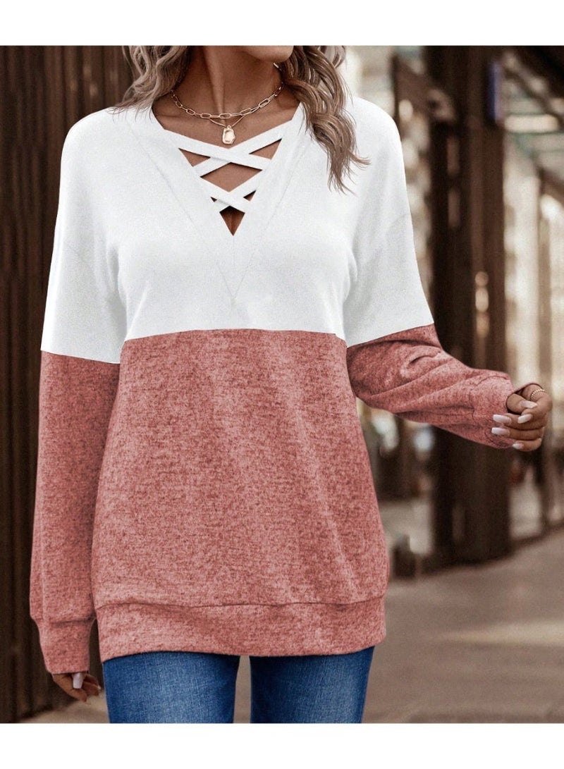 EMERY ROSE Casual Contrast Color Patchwork Dropped Shoulder Loose Sweatshirt, Autumn - Image 3