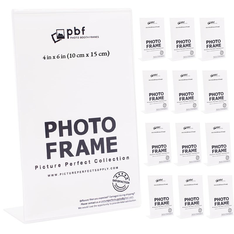 pbf PHOTO BOOTH FRAMES pbf 4x6 Acrylic Sign Holder  4 x 6 Vertical Stand Up Slanted Sign Holder  Acrylic Stands for Display  Clear Picture Frame Menu Table Top Stand Plastic Flyer Holder 12Pack 