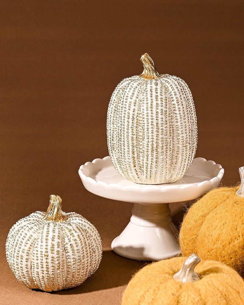 DN DECONATION Fall Thanksgiving Pumpkin Decor Figurines, 2 PCS Fake Pumpkin Statues for Tabletop Decorating, White and Gold Resin Pumpkins for Autumn Harvest Luxury Fall Home Decor, Farmhouse, Gift Package - Image 2