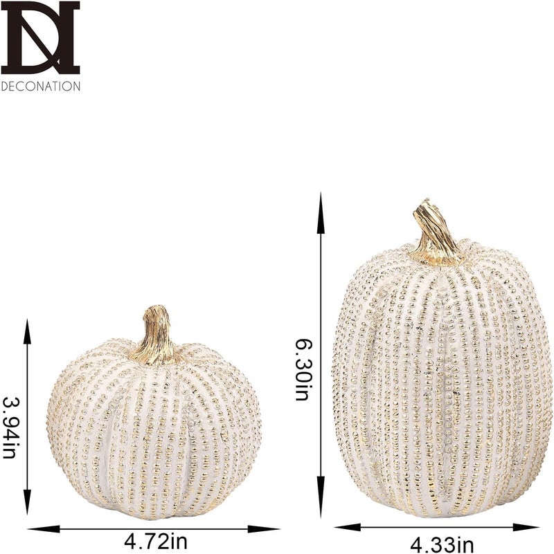 DN DECONATION Fall Thanksgiving Pumpkin Decor Figurines, 2 PCS Fake Pumpkin Statues for Tabletop Decorating, White and Gold Resin Pumpkins for Autumn Harvest Luxury Fall Home Decor, Farmhouse, Gift Package - Image 3