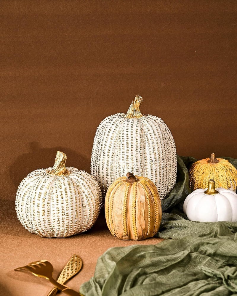 DN DECONATION Fall Thanksgiving Pumpkin Decor Figurines, 2 PCS Fake Pumpkin Statues for Tabletop Decorating, White and Gold Resin Pumpkins for Autumn Harvest Luxury Fall Home Decor, Farmhouse, Gift Package - Image 5