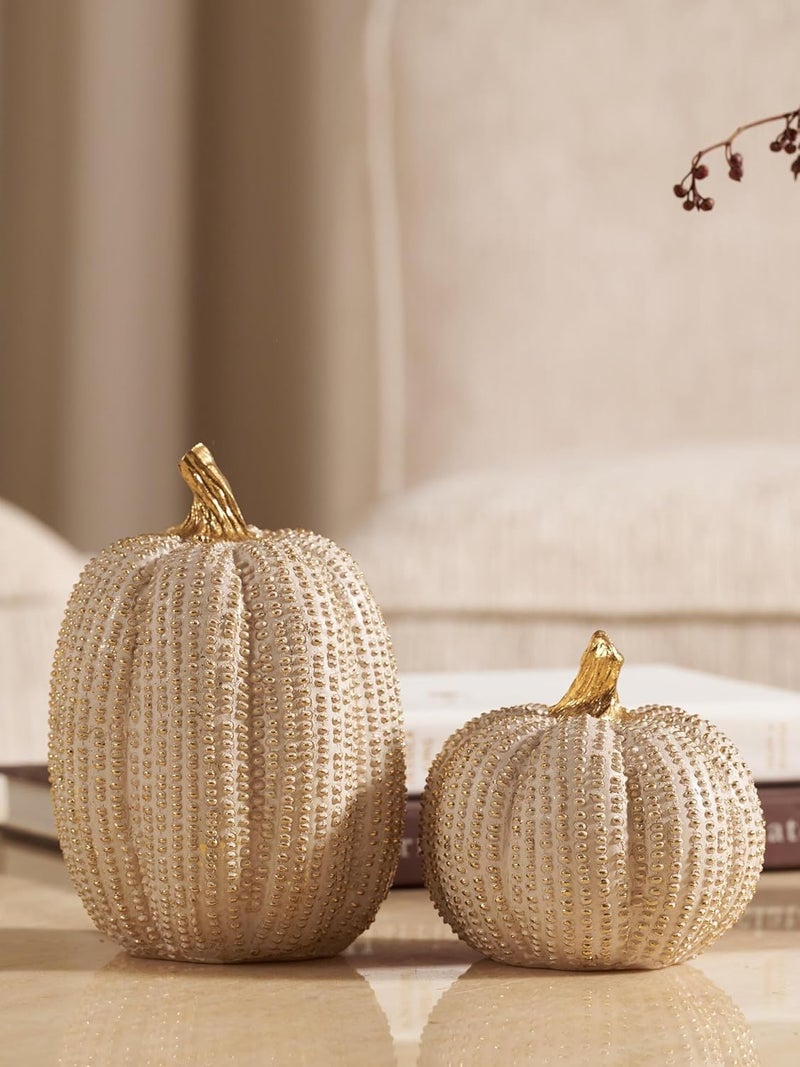 DN DECONATION Fall Thanksgiving Pumpkin Decor Figurines, 2 PCS Fake Pumpkin Statues for Tabletop Decorating, White and Gold Resin Pumpkins for Autumn Harvest Luxury Fall Home Decor, Farmhouse, Gift Package - Image 1