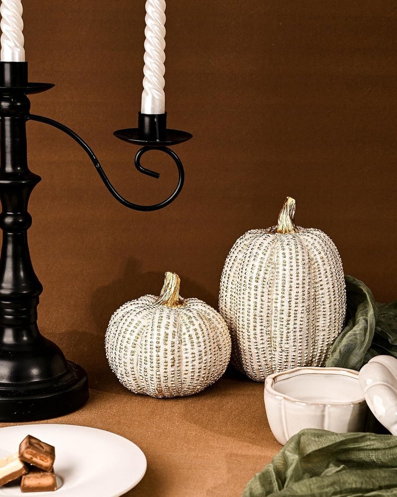 DN DECONATION Fall Thanksgiving Pumpkin Decor Figurines, 2 PCS Fake Pumpkin Statues for Tabletop Decorating, White and Gold Resin Pumpkins for Autumn Harvest Luxury Fall Home Decor, Farmhouse, Gift Package - Image 4
