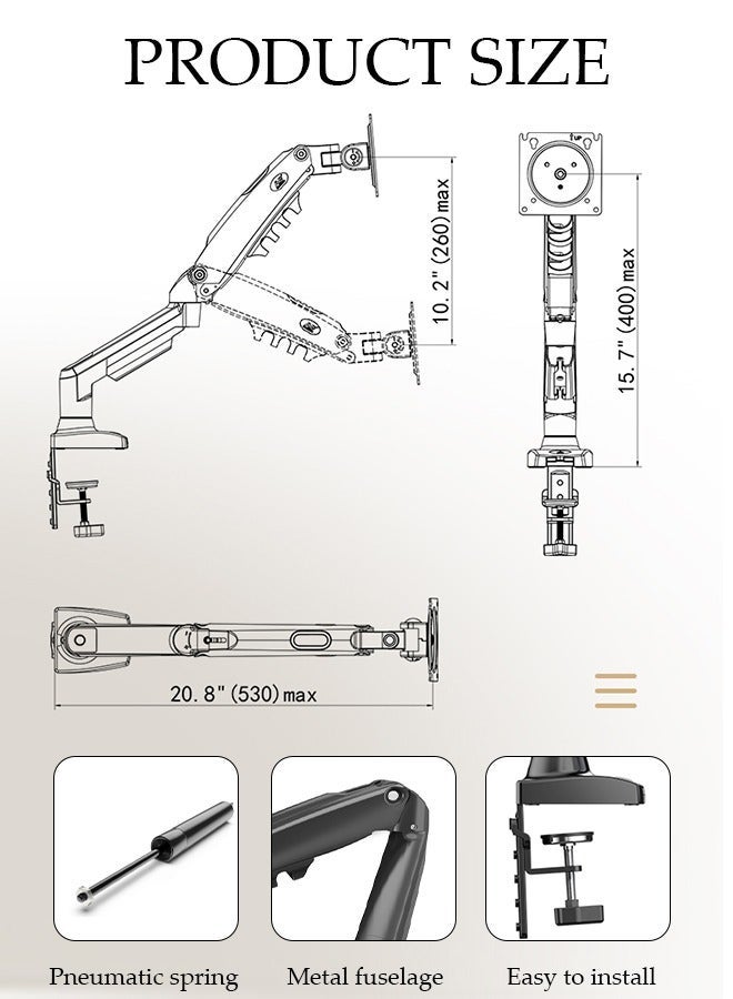 DUNISO Single Monitor stand Desk Mount, Gas Spring Monitor stand, Full Motion Articulating Height Adjustable, Fits 17 - 30 Inch Computer Screen, Clamp and Grommet Base - Image 4