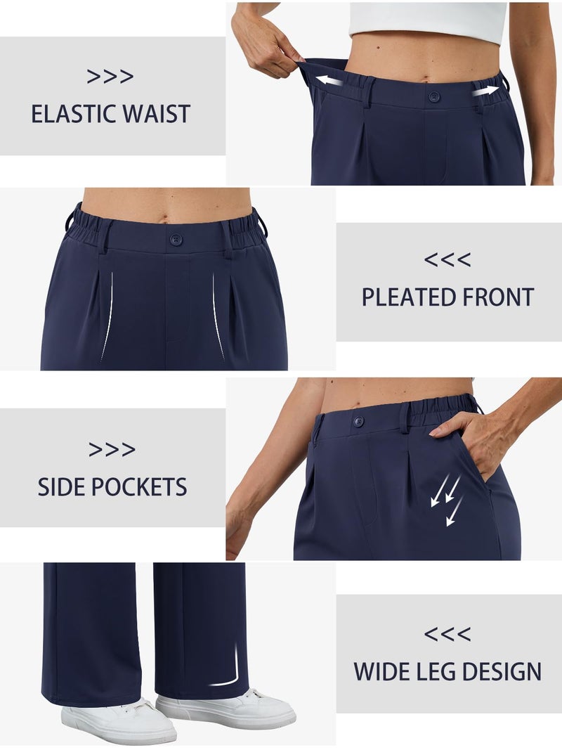 COPYLEAF Womens Dress Pants Wide Leg Stretchy Work Pants with Pockets Elastic Waist Pleated Front Business Casual Slacks(Navy Blue M) - Image 5