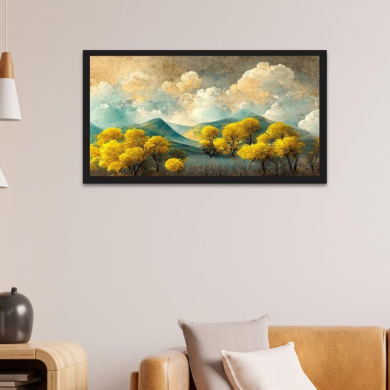 DEKORSTATION Brown Trees With Golden Flowers and Turquoise Black and Gray Mountains Floating Frame Canvas Painting for Wall Dcor Abstract Painting for Wall Decoration Size 12x24 Inch FF_785DS - Image 1