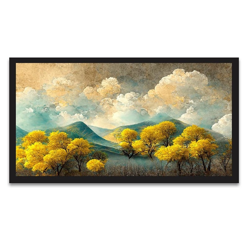 DEKORSTATION Brown Trees With Golden Flowers and Turquoise Black and Gray Mountains Floating Frame Canvas Painting for Wall Dcor Abstract Painting for Wall Decoration Size 12x24 Inch FF_785DS - Image 2