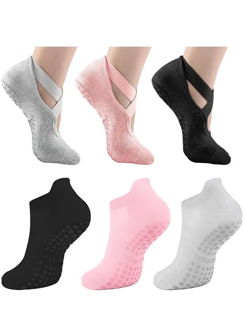 YOUGE 6 Pairs Non-Slip Yoga Socks Set For Women 2 Designed 3 Colors, Barre Elastic Workout Pilates Yoga Socks For Yoga Sports Gym Home Barefoot Exercises Dance Ballet - Image 1