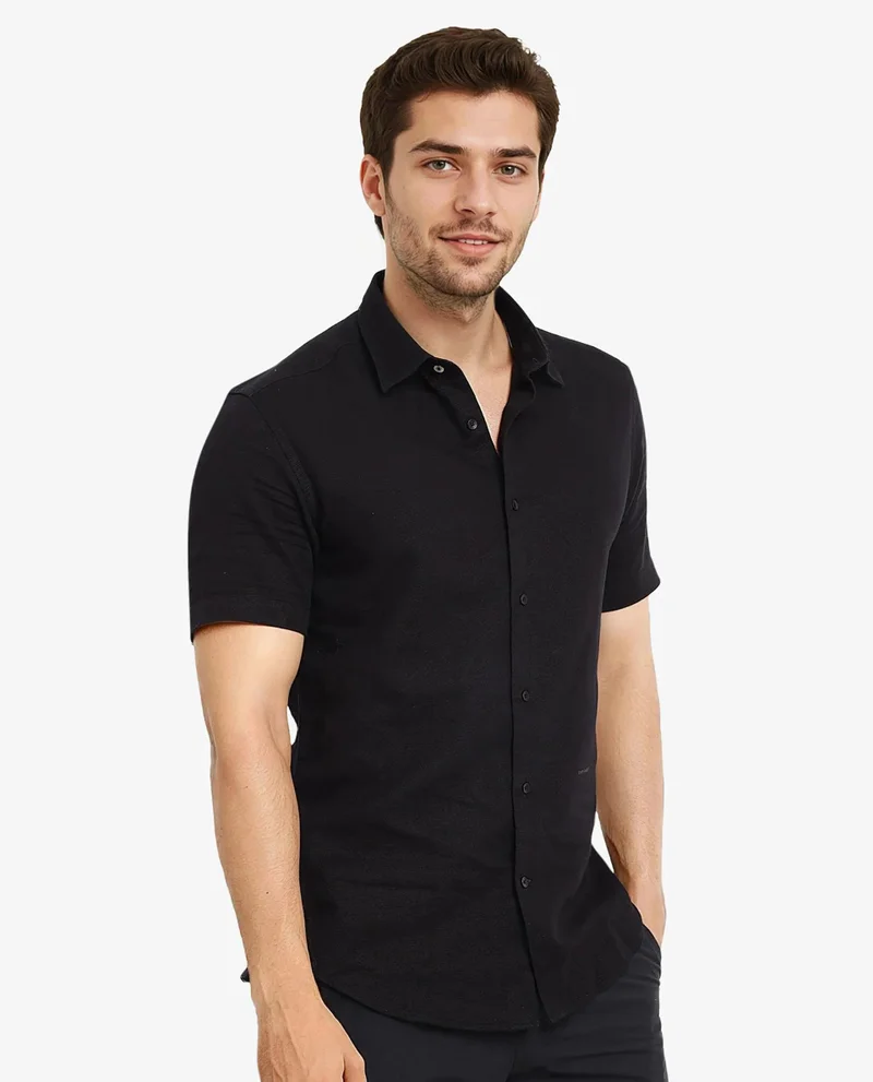 Rare Rabbit Rare Rabbit Men's Matto-1 Black Cotton Fabric Short Sleeve Regular Fit Self Stripe Dobby Shirt