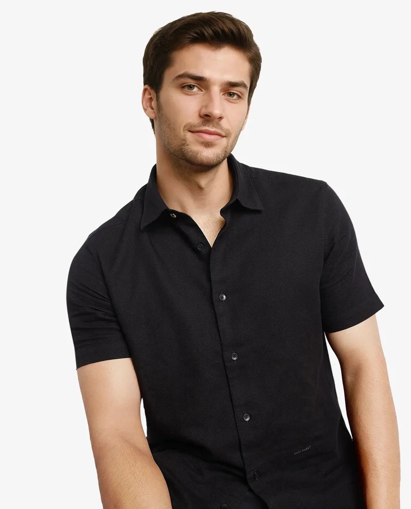 Rare Rabbit Rare Rabbit Men's Matto-1 Black Cotton Fabric Short Sleeve Regular Fit Self Stripe Dobby Shirt