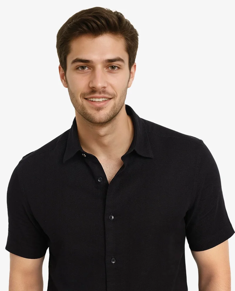 Rare Rabbit Rare Rabbit Men's Matto-1 Black Cotton Fabric Short Sleeve Regular Fit Self Stripe Dobby Shirt