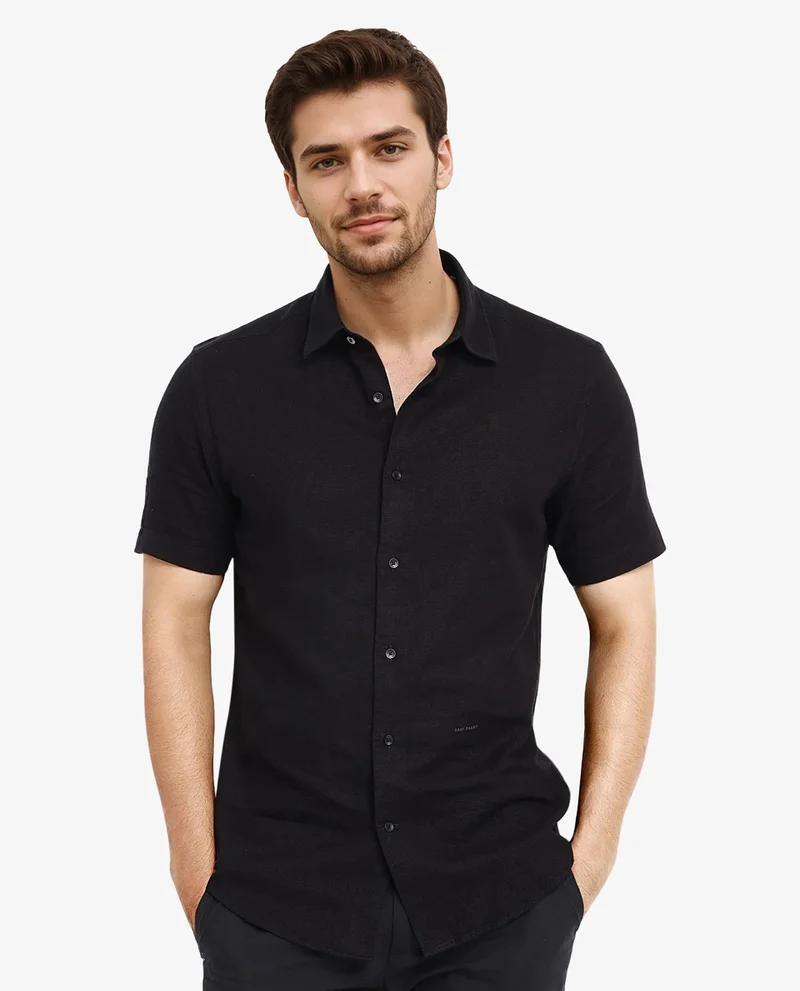 Rare Rabbit Rare Rabbit Men's Matto-1 Black Cotton Fabric Short Sleeve Regular Fit Self Stripe Dobby Shirt