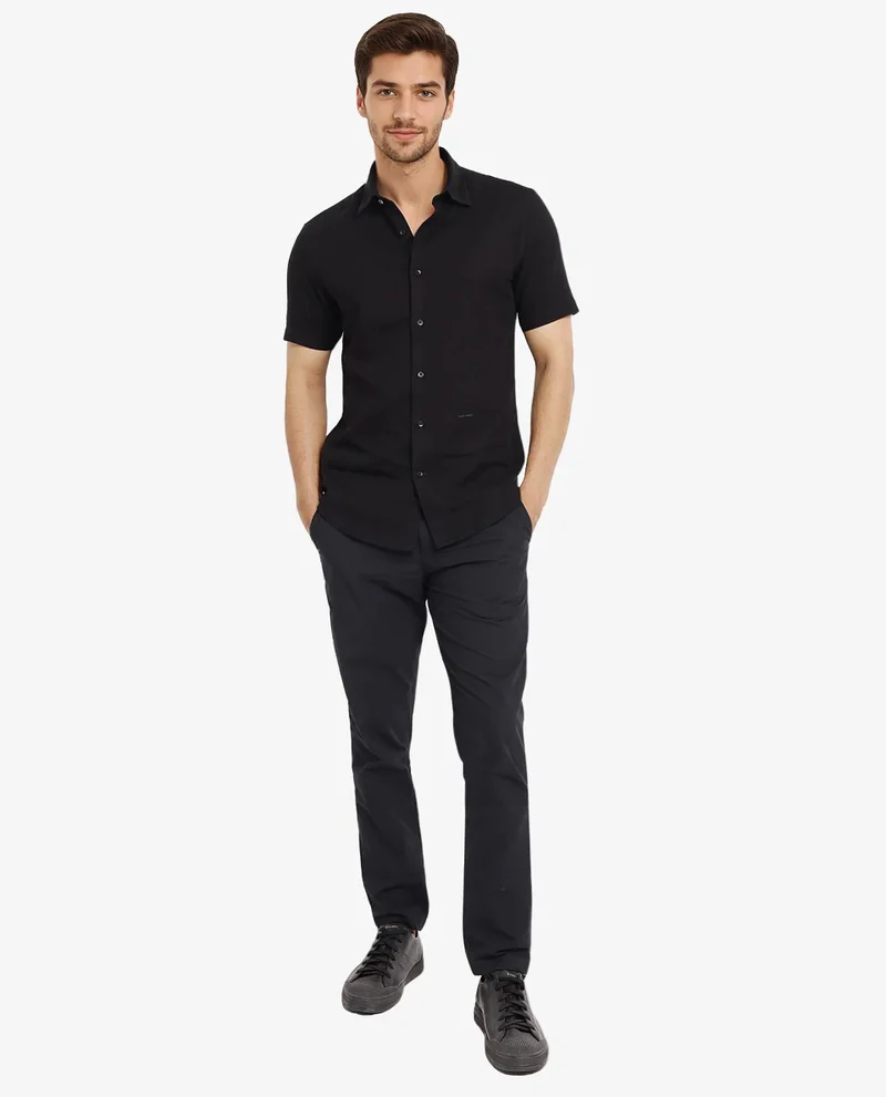 Rare Rabbit Rare Rabbit Men's Matto-1 Black Cotton Fabric Short Sleeve Regular Fit Self Stripe Dobby Shirt
