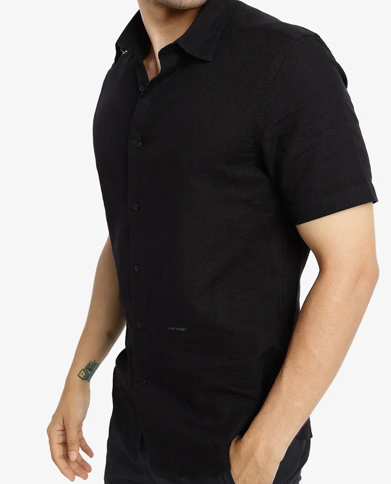 Rare Rabbit Rare Rabbit Men's Matto-1 Black Cotton Fabric Short Sleeve Regular Fit Self Stripe Dobby Shirt