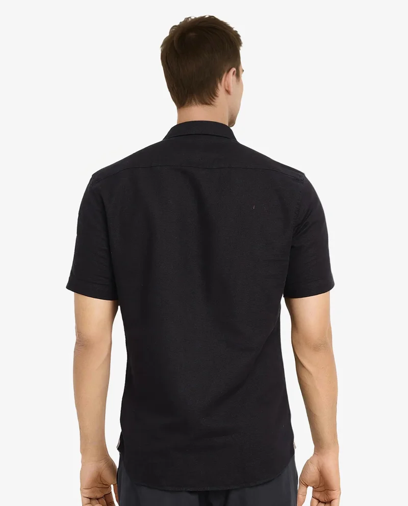 Rare Rabbit Rare Rabbit Men's Matto-1 Black Cotton Fabric Short Sleeve Regular Fit Self Stripe Dobby Shirt