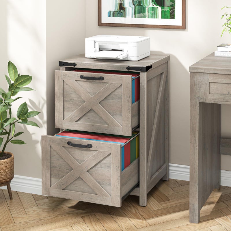 Halitaa 2 Drawer Small File Cabinet, Farmhouse Vertical Filing Cabinet Fits Letter and A4 Size, Under Desk Wooden File Cabinets for Home Office, Printer Stand, Grey - Image 3