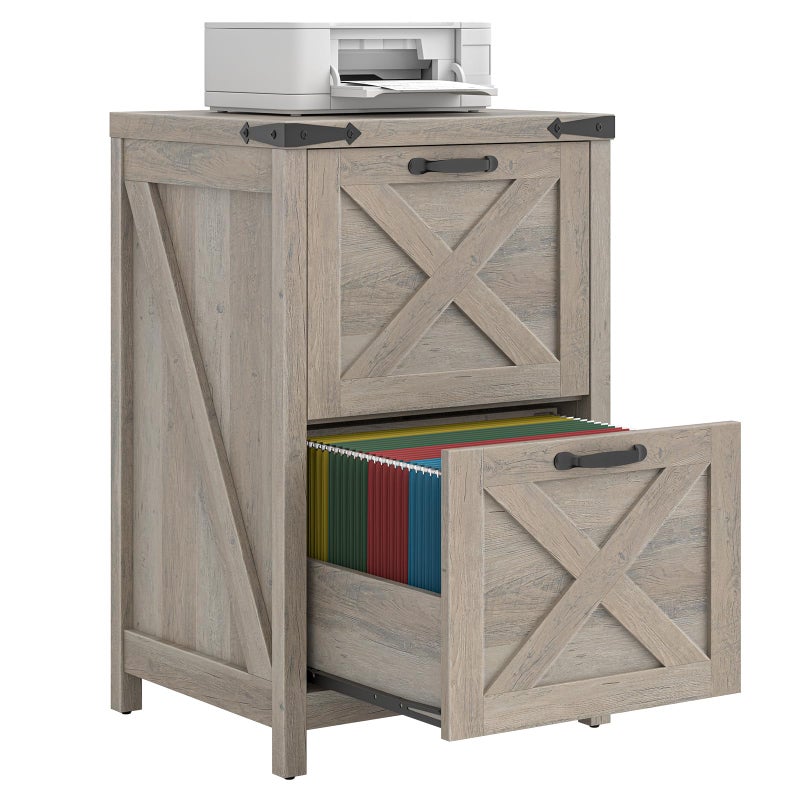 Halitaa 2 Drawer Small File Cabinet, Farmhouse Vertical Filing Cabinet Fits Letter and A4 Size, Under Desk Wooden File Cabinets for Home Office, Printer Stand, Grey - Image 1