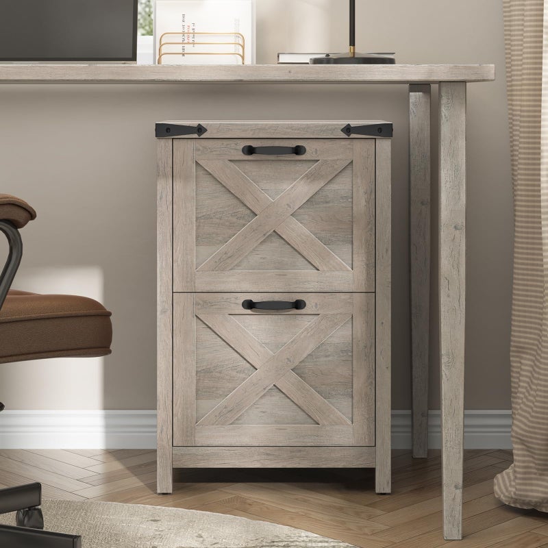 Halitaa 2 Drawer Small File Cabinet, Farmhouse Vertical Filing Cabinet Fits Letter and A4 Size, Under Desk Wooden File Cabinets for Home Office, Printer Stand, Grey - Image 2
