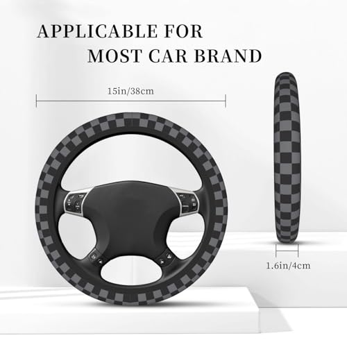 Gwwens Dark Gray Checkered Steering Wheel Cover for Women, Universal Auto Steering Wheel 14-15 Inch Car Interior Accessories with 2PCS Car Coasters, Suitable for Men and Women - Image 3