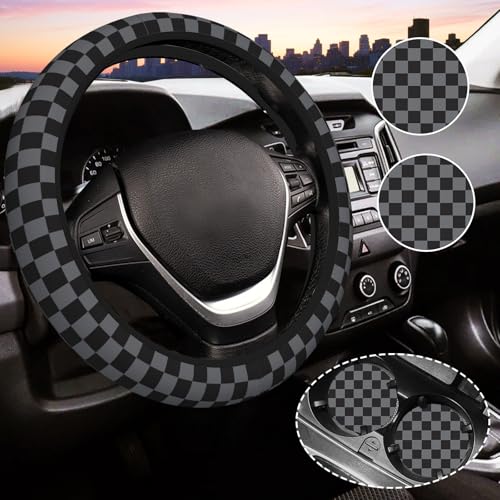 Gwwens Dark Gray Checkered Steering Wheel Cover for Women, Universal Auto Steering Wheel 14-15 Inch Car Interior Accessories with 2PCS Car Coasters, Suitable for Men and Women - Image 1