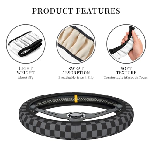 Gwwens Dark Gray Checkered Steering Wheel Cover for Women, Universal Auto Steering Wheel 14-15 Inch Car Interior Accessories with 2PCS Car Coasters, Suitable for Men and Women - Image 4