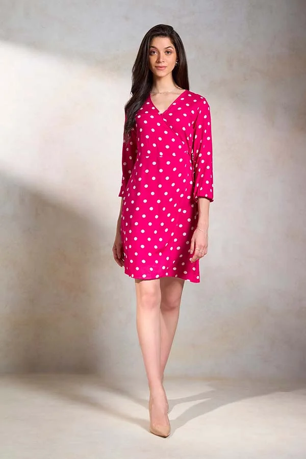 Virgio Viscose Pink Polka Dot Wrap Dress