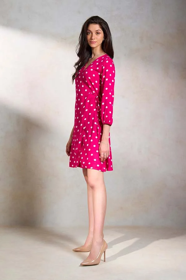 Virgio Viscose Pink Polka Dot Wrap Dress