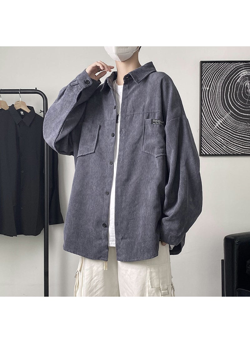 Generic - Hong Kong Style Corduroy Long Sleeve Shirt For Men New Spring Autumn Loose Fit Japanese Style Casual Top Jacket Trendy Brand Gray - Image 1