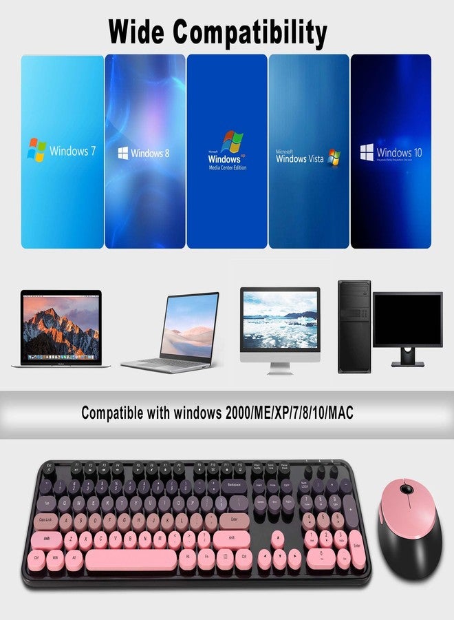 Kootop Wireless Keyboard and Mouse Combo, Cute Colorful 104 Keys Typewriter Retro Round Keycaps Keyboard for PC Laptop,Desktop,Windows, Home and Office Keyboards(Black Pink) - Image 5
