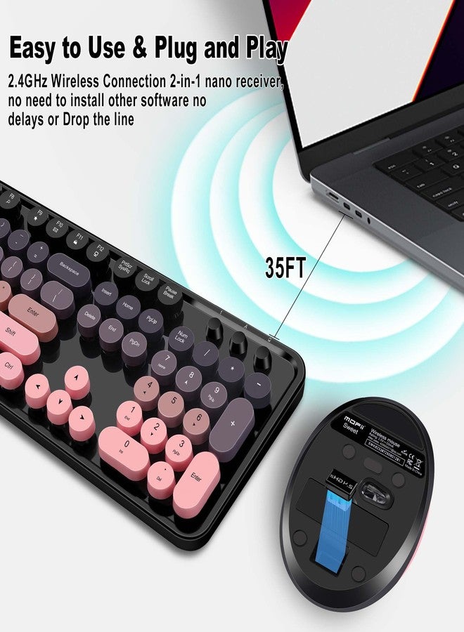 Kootop Wireless Keyboard and Mouse Combo, Cute Colorful 104 Keys Typewriter Retro Round Keycaps Keyboard for PC Laptop,Desktop,Windows, Home and Office Keyboards(Black Pink) - Image 2