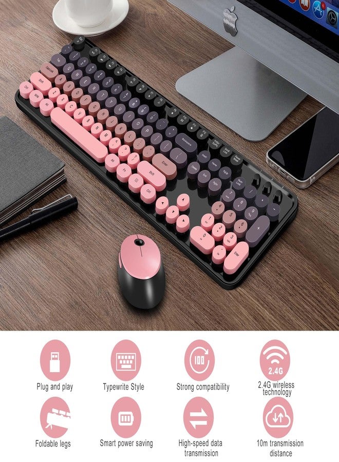 Kootop Wireless Keyboard and Mouse Combo, Cute Colorful 104 Keys Typewriter Retro Round Keycaps Keyboard for PC Laptop,Desktop,Windows, Home and Office Keyboards(Black Pink) - Image 4