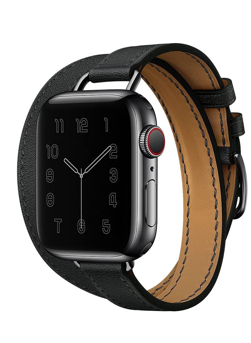Leather Women Double Tour Slim Wristband, Compatible with Apple Watch Band 38/40/41mm 42/44/45mm for iWatch SE Series 7/6/5/4/3, Black - Image 2