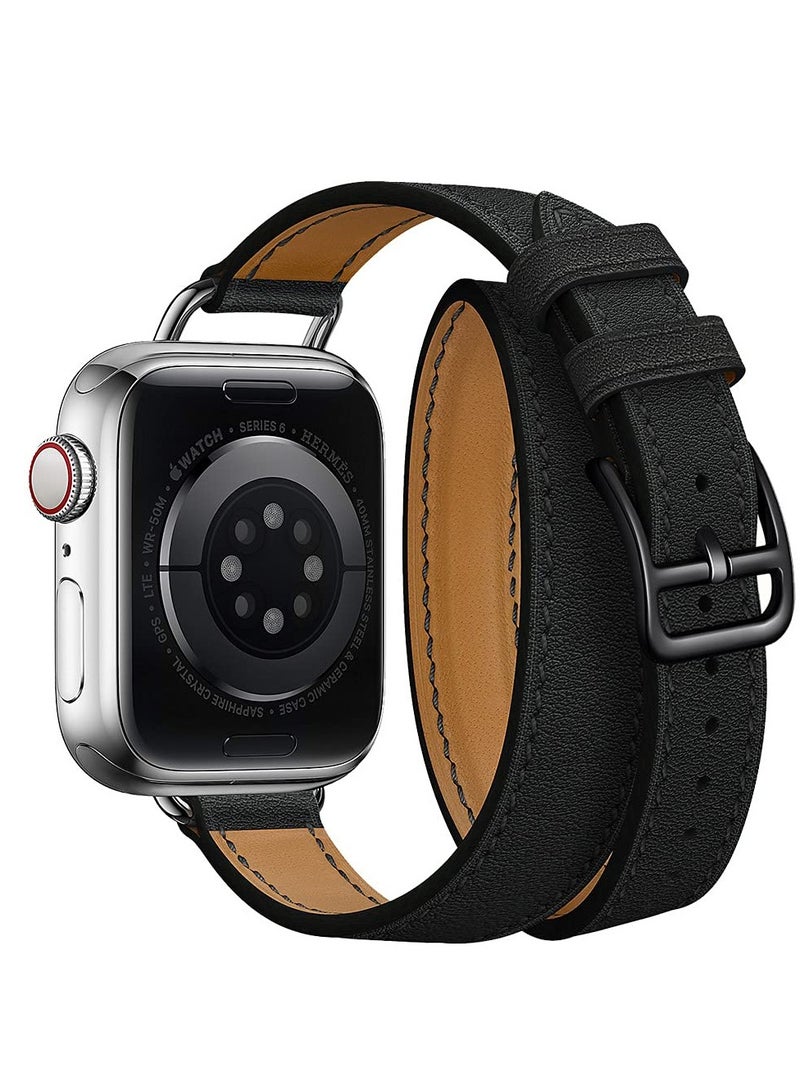 Leather Women Double Tour Slim Wristband, Compatible with Apple Watch Band 38/40/41mm 42/44/45mm for iWatch SE Series 7/6/5/4/3, Black - Image 3