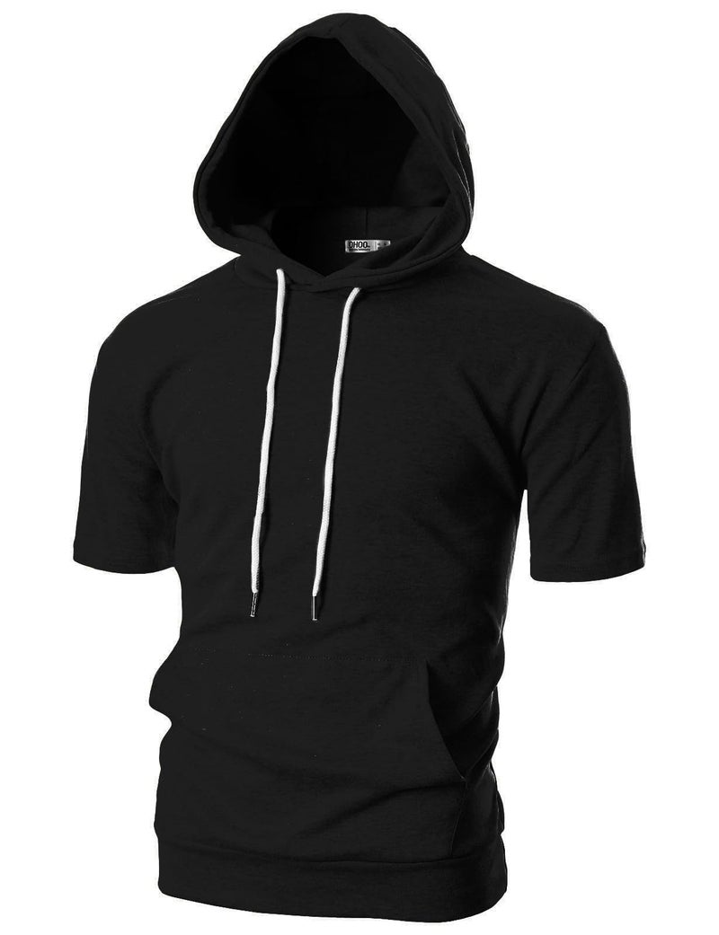 Ohoo Mens Short Sleeve Hoodie Pullover Slim Fit Lightweight Summer Hooded Sweatshirt DCF013BLACKM
