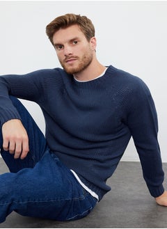 trendyol Indigo Slim Fit Crew Neck Raglan Sleeve Basic Knitwear Sweater  - Image 1