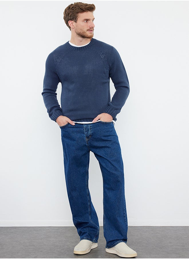 trendyol Indigo Slim Fit Crew Neck Raglan Sleeve Basic Knitwear Sweater  - Image 2