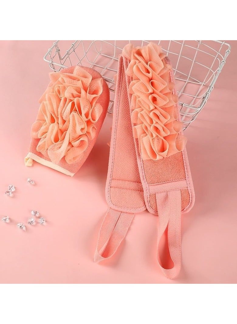 2Pcs Exfoliating Glove and Exfoliating Back Scrubberand Set With Loofah Sponge,Shower Loofah Set for Shower,Exfoliating Gloves for Body Dead Skin Shower Sponge (Pink)  - Image 1