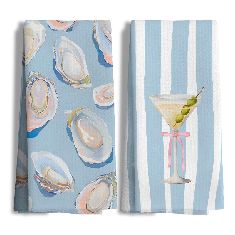 Nipil Coastal Oyster Shell and Martini Kitchen Towels Set of 2, Watercolor Seafood Cocktail Hand Towels for Kitchen Bar Seaside Restaurant, Beach Lover Gifts Hand Towels, 16x24 Inch - Image 1
