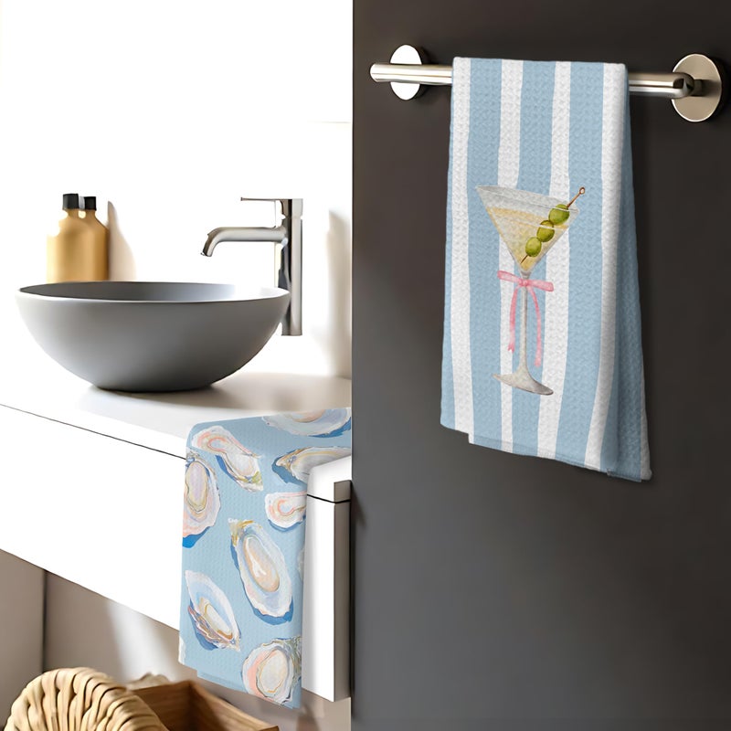 Nipil Coastal Oyster Shell and Martini Kitchen Towels Set of 2, Watercolor Seafood Cocktail Hand Towels for Kitchen Bar Seaside Restaurant, Beach Lover Gifts Hand Towels, 16x24 Inch - Image 4