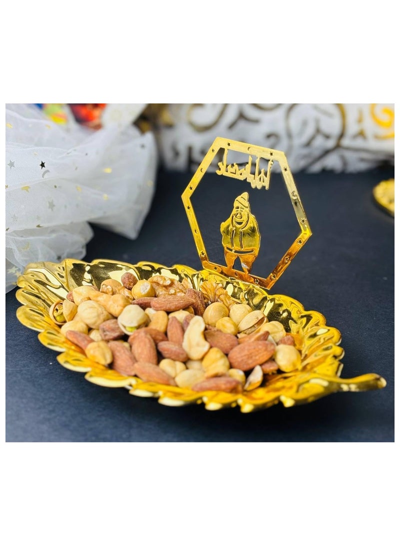 Decorative Gold Leaf Serving Dish with Mixed Nuts and Ramadan Topper, Metallic Gold